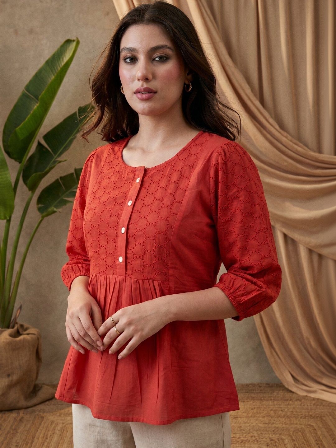 Sangria Ethnic Motifs Pure Cotton Round Neck A-Line Short Kurtis