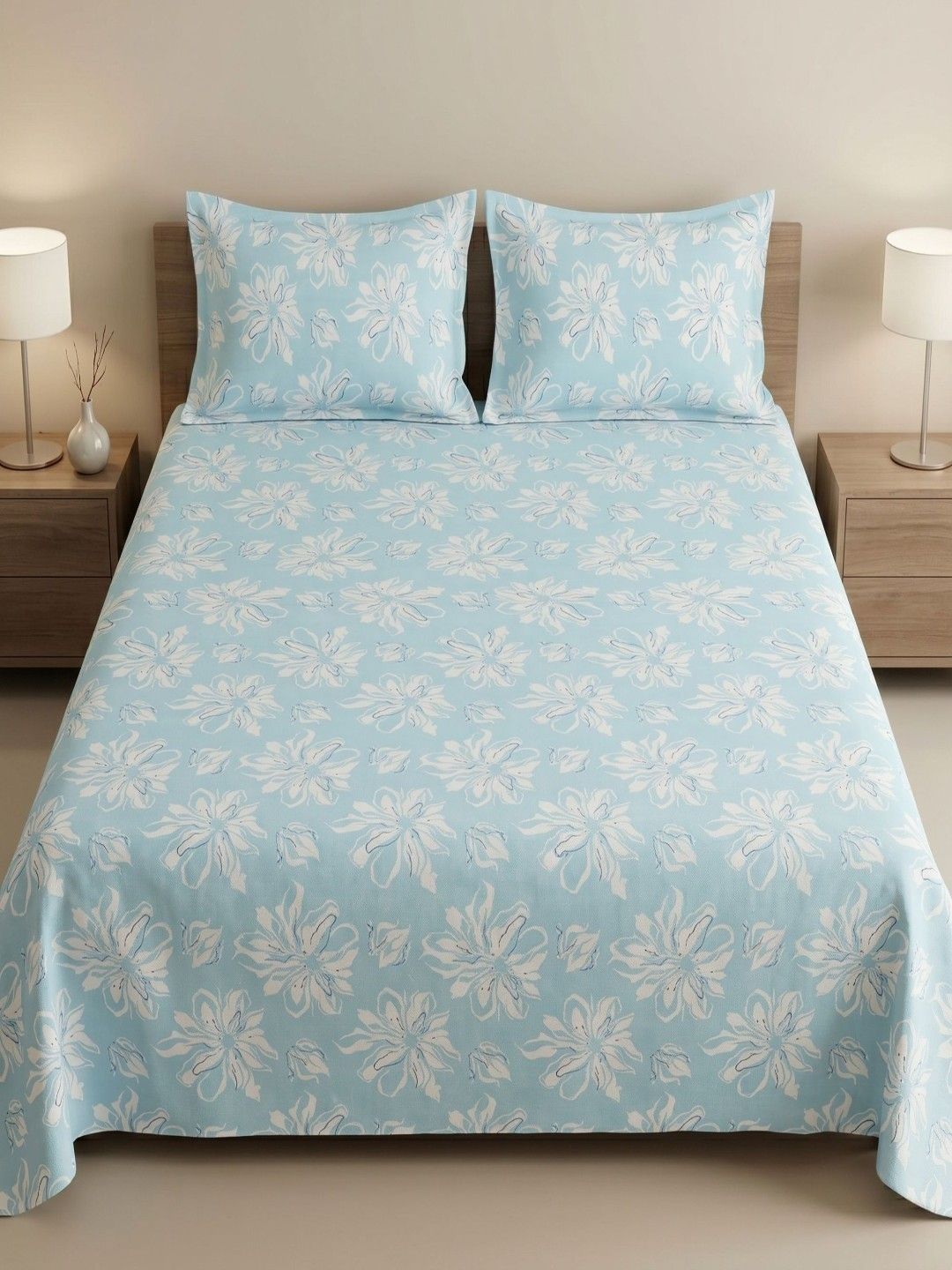 MAFATLAL MAFATLAL Blue Floral 186 TC Bedsheet with 2 Pillow Covers