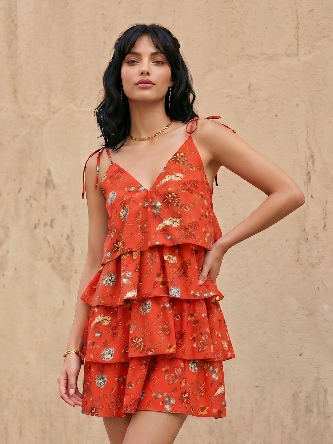 fusion by glitchez Floral Printed V-Neck Tie-Ups Layered A-Line Dress