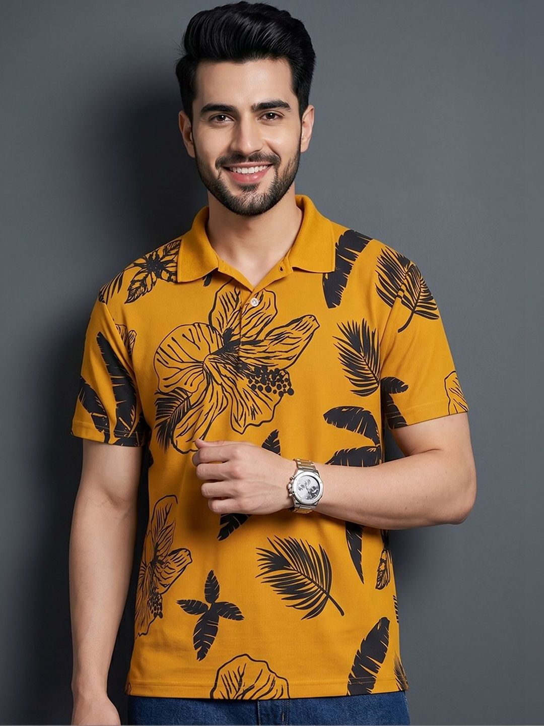 Kook N Keech Men Floral Printed Polo Collar Tropical T-shirt