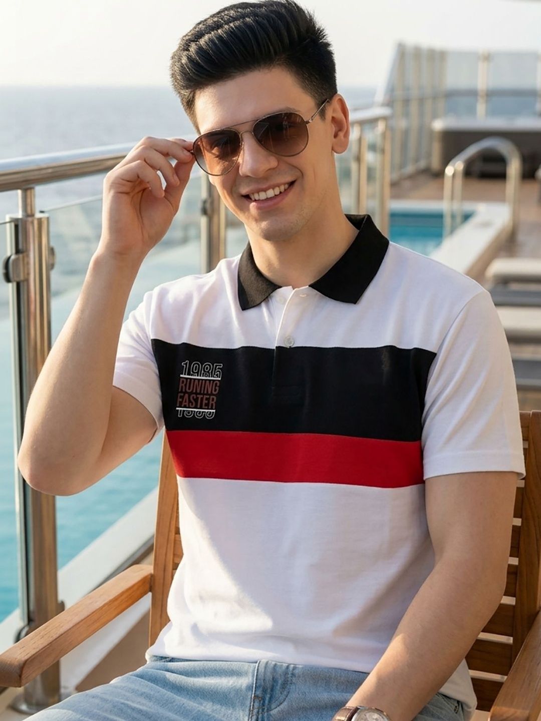 Mast & Harbour Men Typography Colourblocked Polo Collar T-shirt