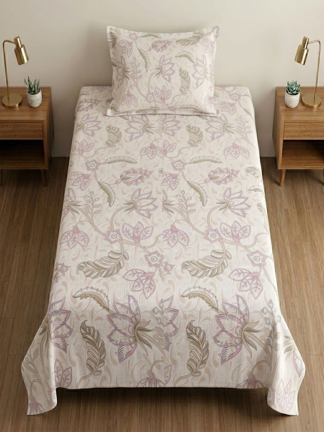 MAFATLAL Off White Floral 186 TC Single Bedsheet with 1 Pillow Covers
