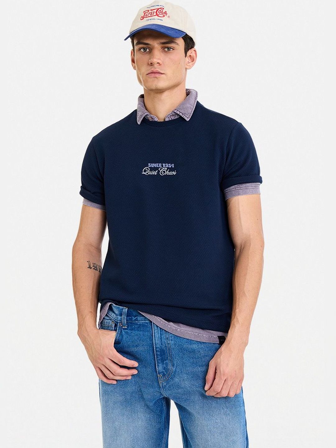 Snitch Typography  Printed Polo Collar Applique Cotton T-shirt