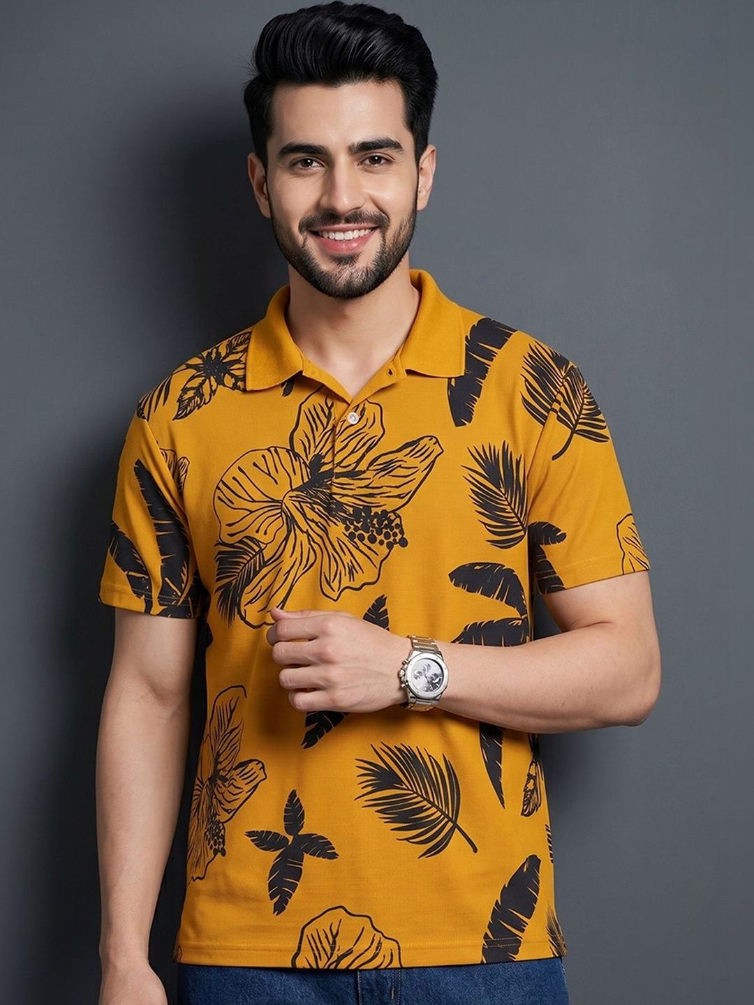 Mast & Harbour Men Floral Printed Polo Collar Tropical T-shirt