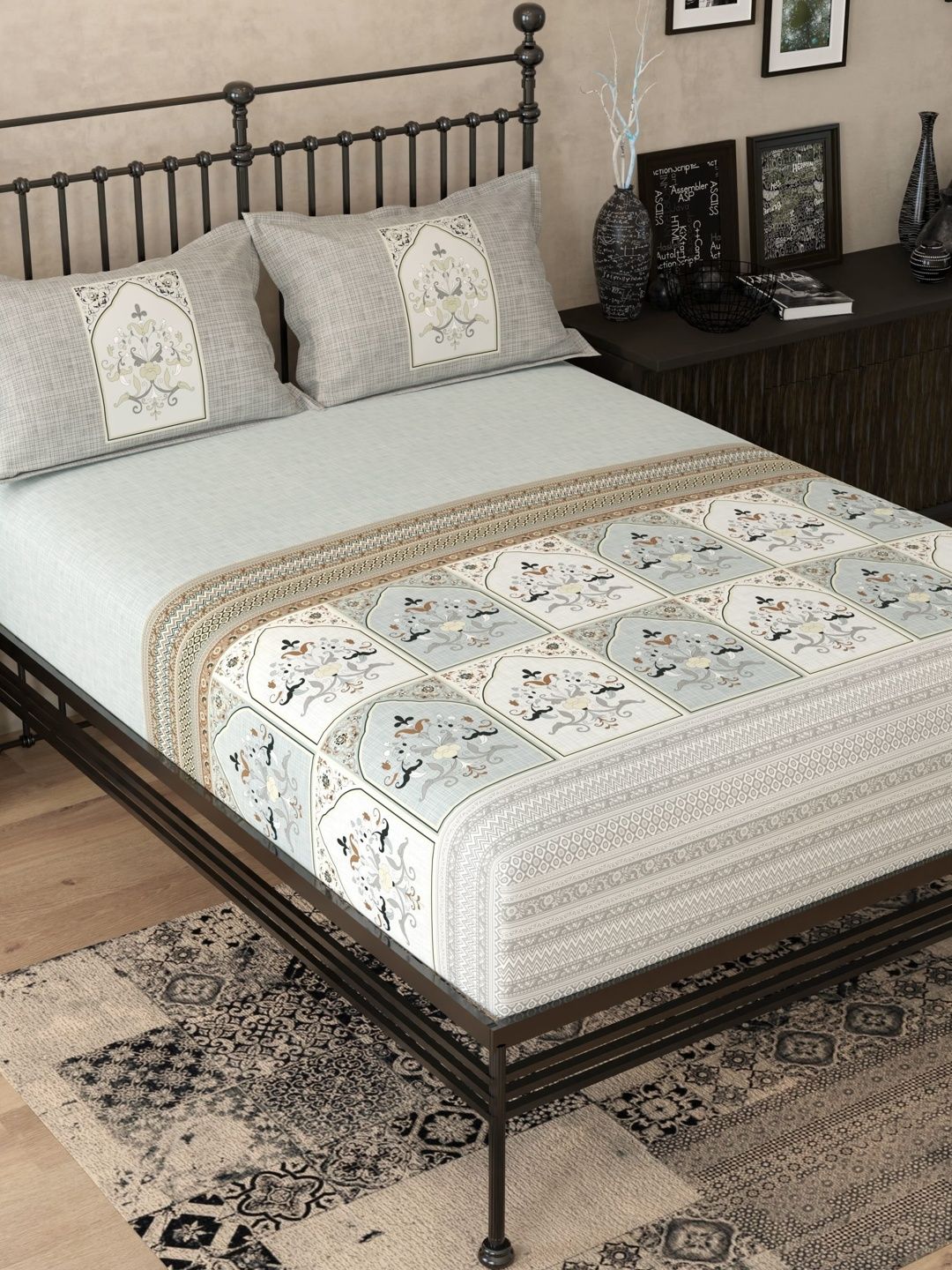 Pure Decor Pure Decor Grey Printed Pure Cotton 300 TC King Bedsheet Set 108" x 106" in
