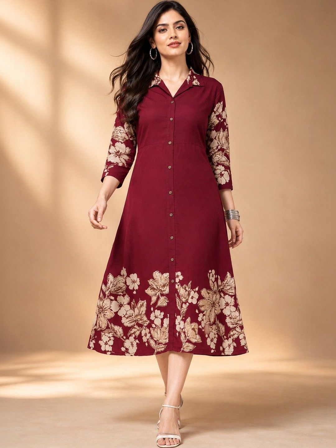 HERE&NOW Floral Printed Shirt Collar Kurti
