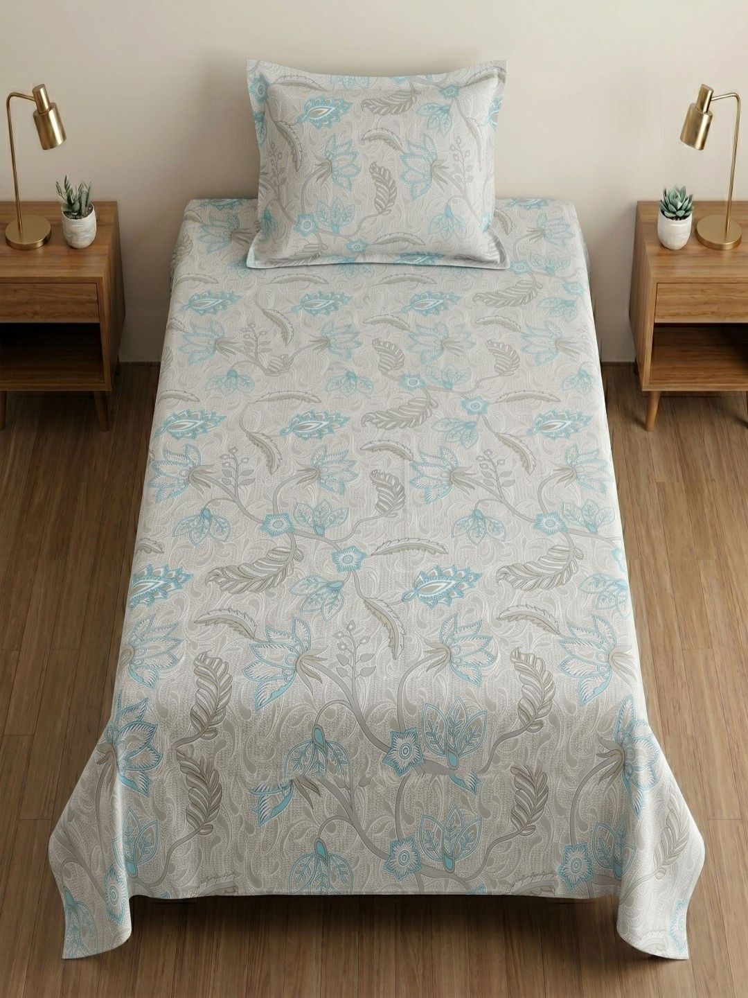 MAFATLAL MAFATLAL Grey Floral 186 TC Single Bedsheet with 1 Pillow Covers