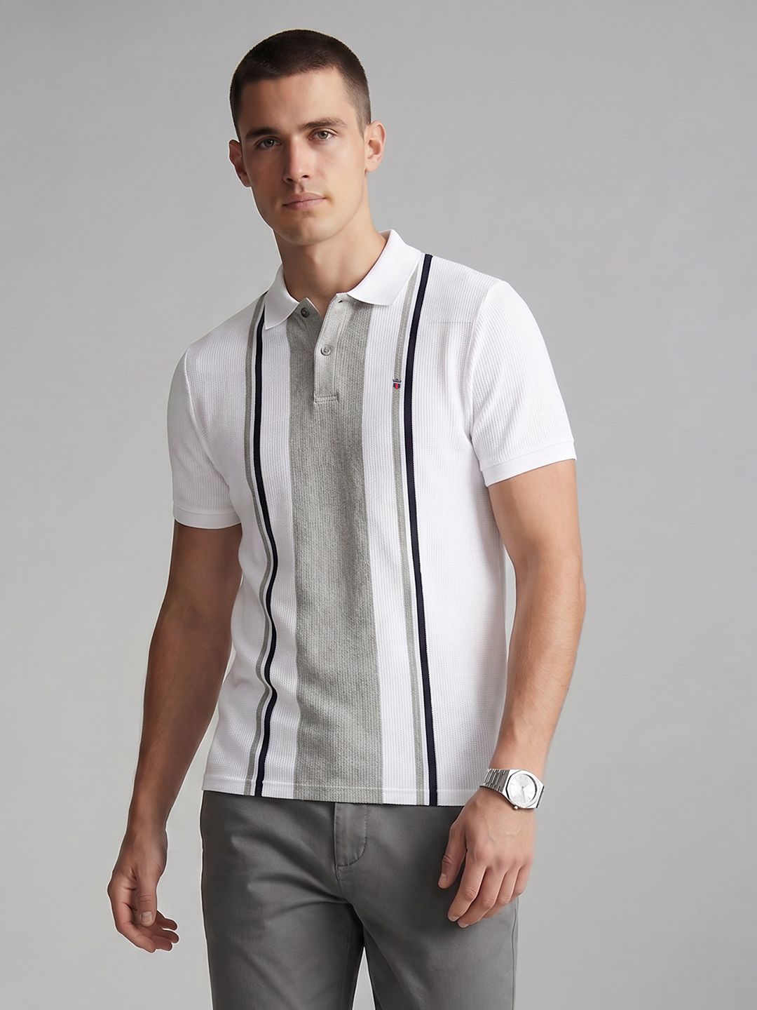 Slim Fit Polo Striped T-Shirt Louis Philippe Men Slim Fit Engineered Stripe And Yarn Dyed Pique Polo Tshirt