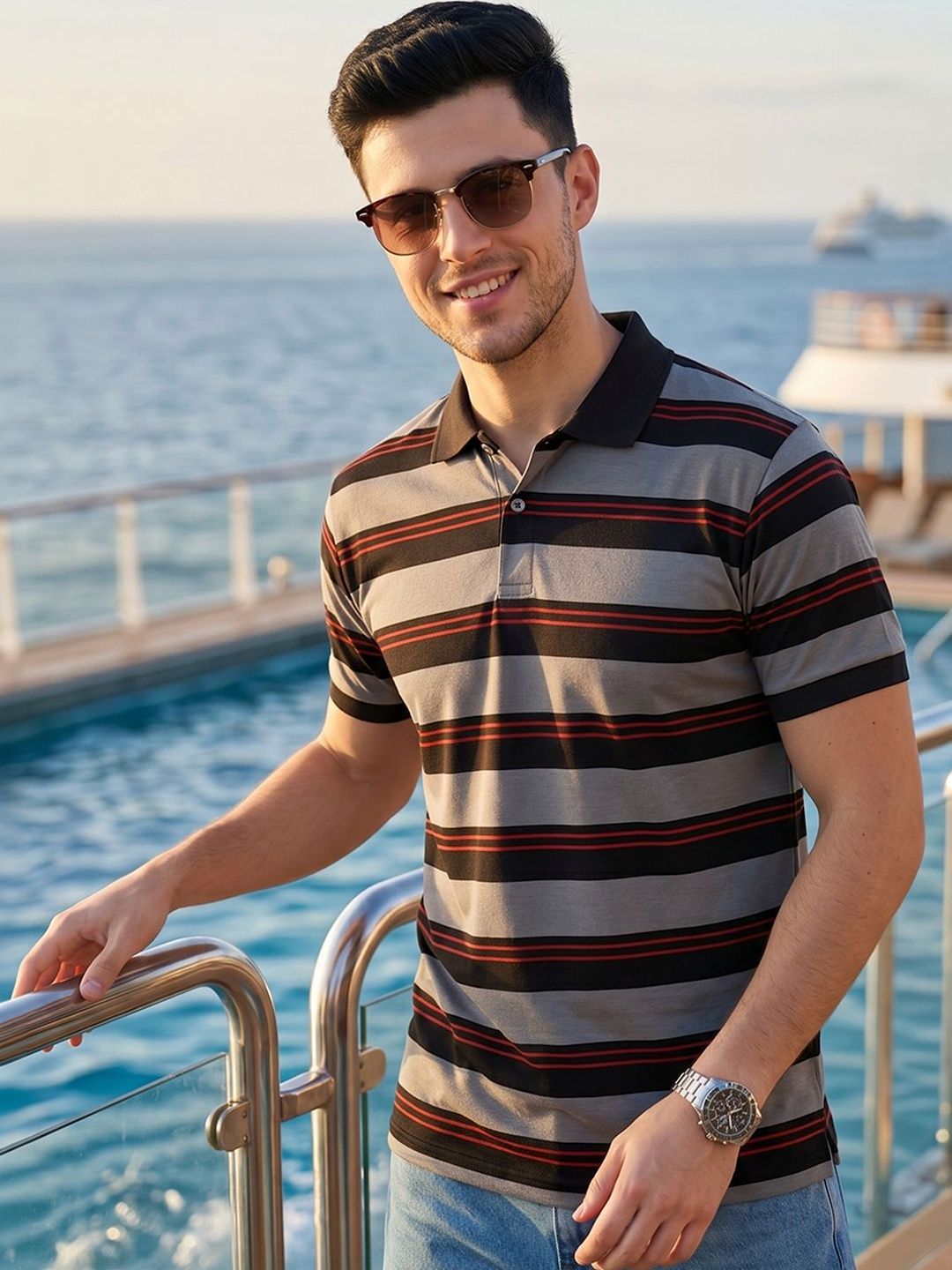 Mast & Harbour Striped Polo Collar T-shirt