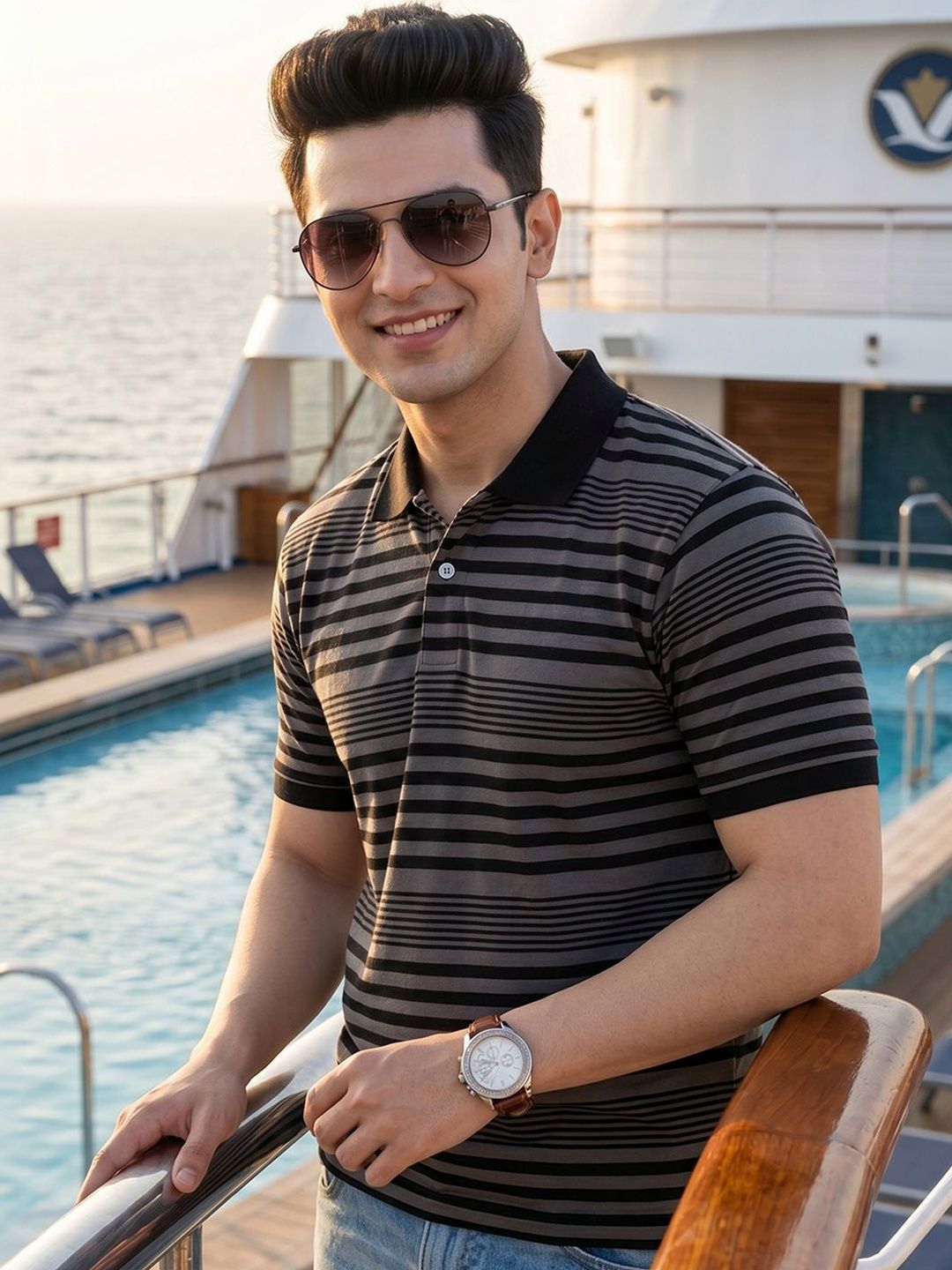 Mast & Harbour Men Striped Polo Collar T-shirt