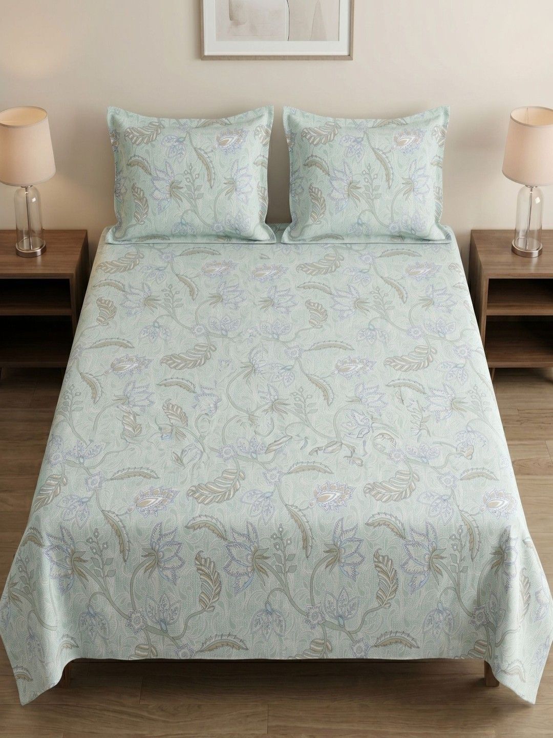 MAFATLAL MAFATLAL Green Floral 186 TC King Bedsheet with 2 Pillow Covers