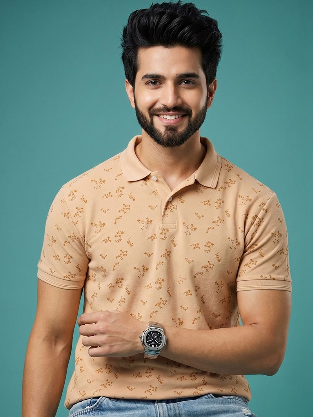 Mast & Harbour Floral Printed Polo Collar Short Sleeves T-shirt