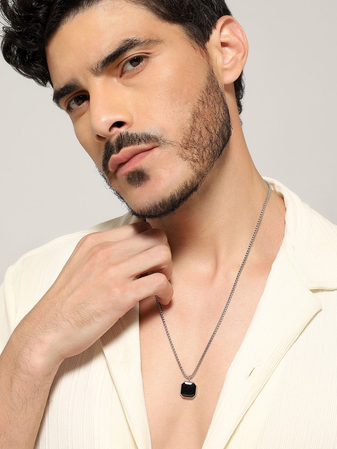 Jewelor Men Silver-Plated Stainless Steel Cuban Box Chain Pendant with Chain