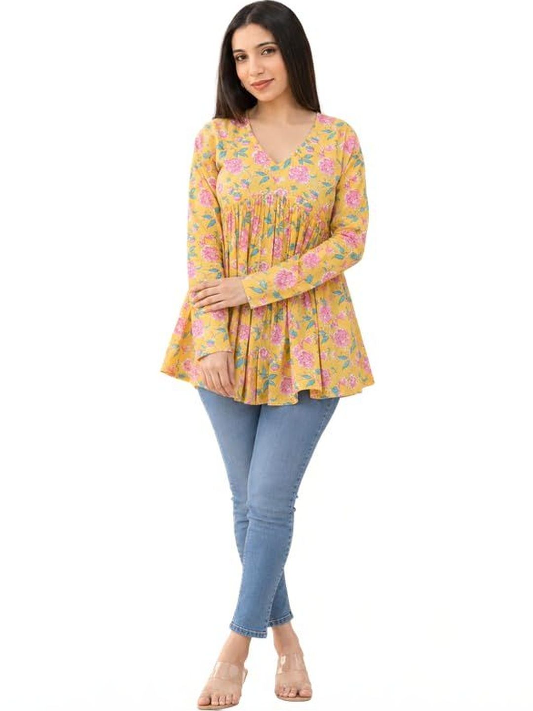 Anushil Floral Printed V-Neck Panelled Kurti