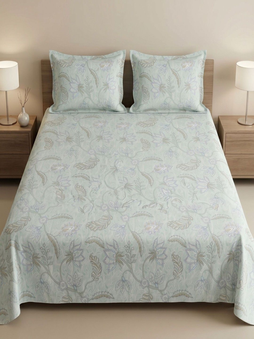 MAFATLAL MAFATLAL Green Floral 186 TC Bedsheet with 2 Pillow Covers