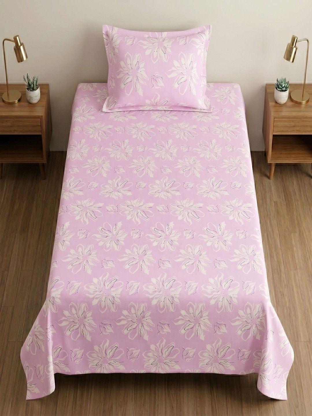 MAFATLAL MAFATLAL Pink Floral 186 TC Single Bedsheet with 1 Pillow Covers