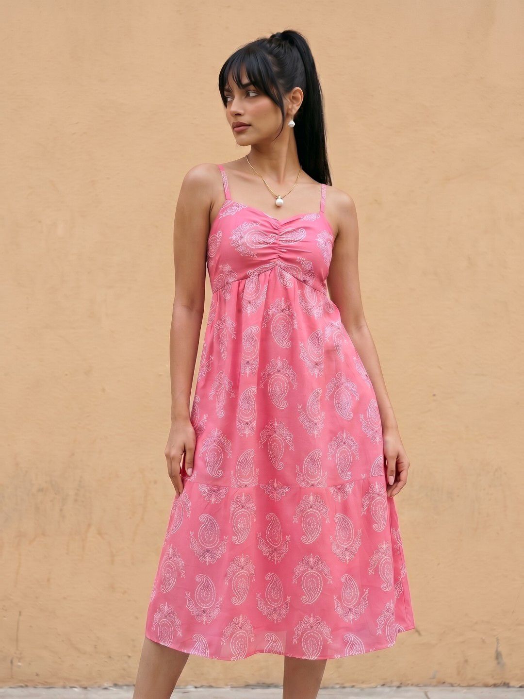 fusion by glitchez Pink Paisley Printed Smocked A-Line Midi Dress
