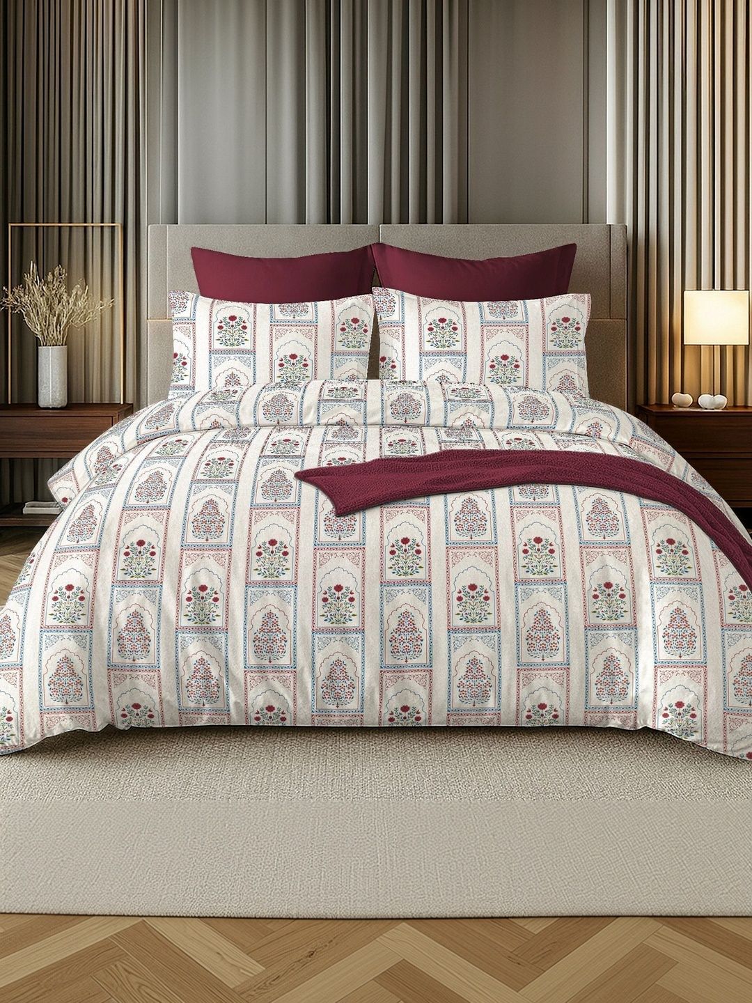 Sangria 3Pcs Maroon & Blue Printed 160 TC King Bedsheets With Pillow Covers-107 x 98 Inch