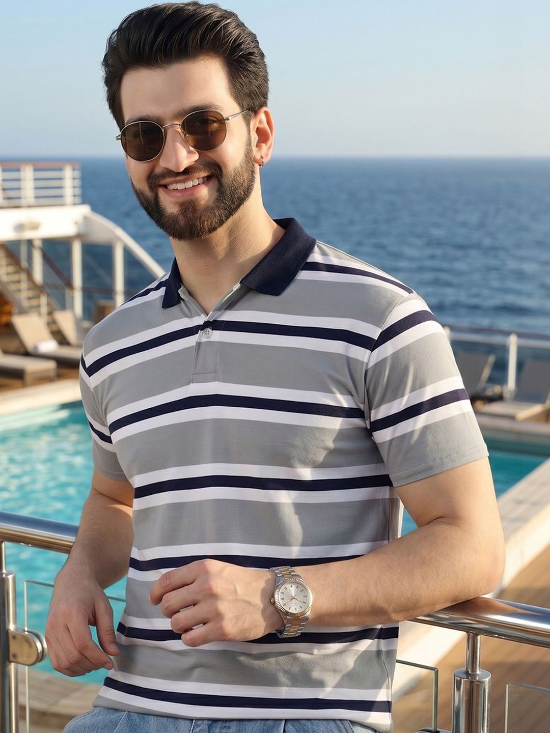 Mast & Harbour Men Striped Polo Collar T-shirt