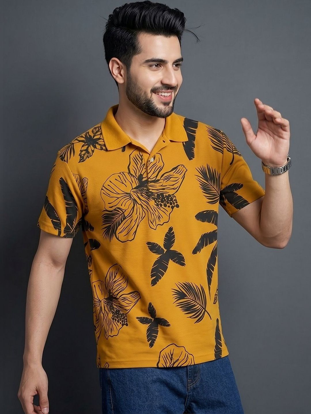 Mast & Harbour Floral Printed Polo Collar Short Sleeves T-shirt