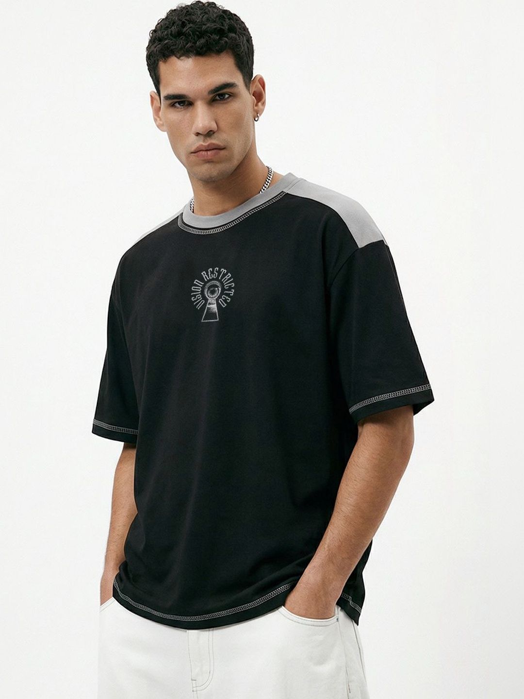 Crazymonk Men Vision Restricted Black L.T.Grey Drop-Shoulder Sleeves Oversized Fit T-shirt