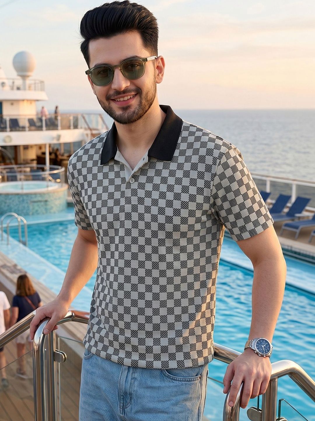 Mast & Harbour Checked Printed Polo Collar Short Sleeves T-shirt