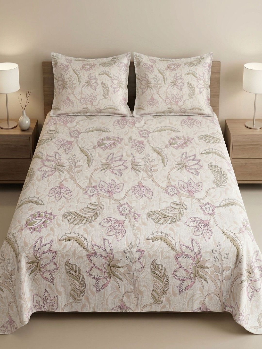 MAFATLAL MAFATLAL Cream-Coloured Floral 186 TC Bedsheet with 2 Pillow Covers