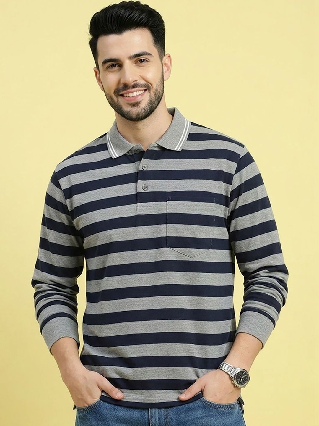 Mast & Harbour Men Striped Polo Collar Pockets T-shirt