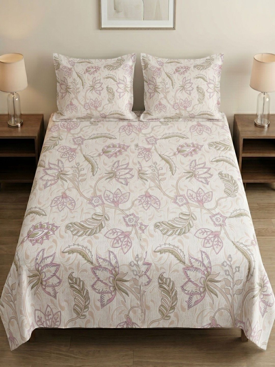 MAFATLAL MAFATLAL Cream-Coloured Floral 186 TC King Bedsheet with 2 Pillow Covers