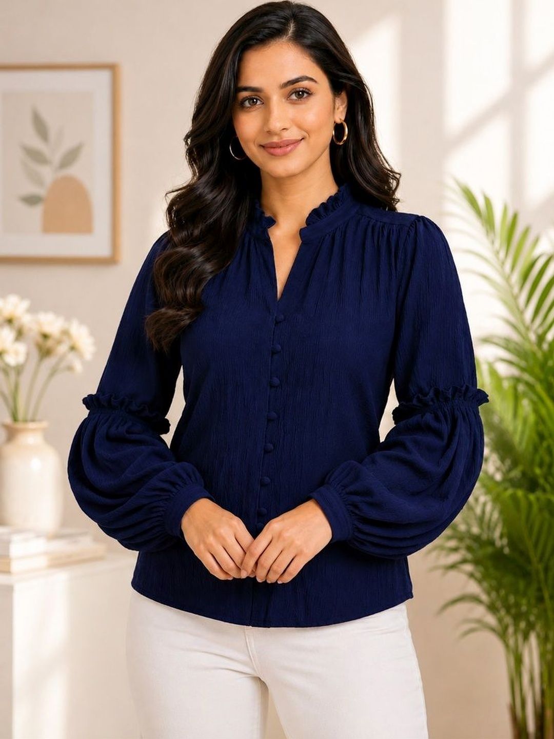 KAYRAAH Mandarin Collar Puff Sleeves Kurti