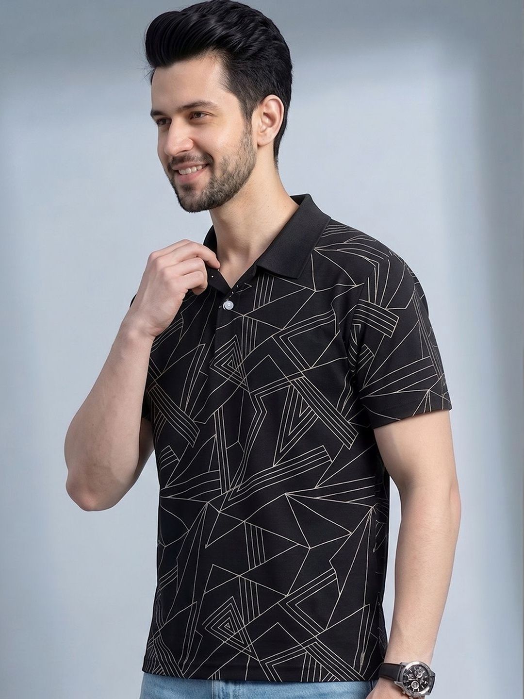 Mast & Harbour Geometric Printed Polo Collar Short Sleeves T-shirt