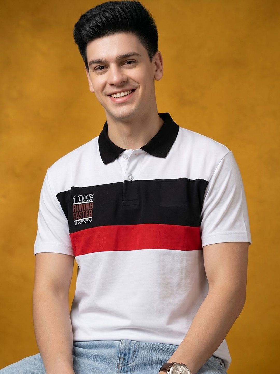 Mast & Harbour Men Typography Colourblocked Polo Collar Pockets T-shirt