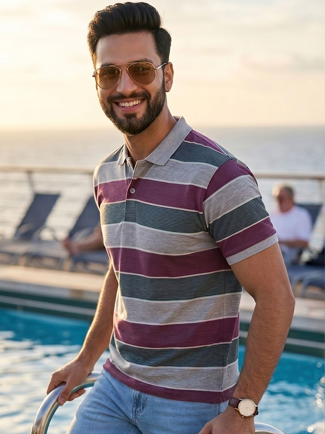 Mast & Harbour Men Striped Polo Collar T-shirt