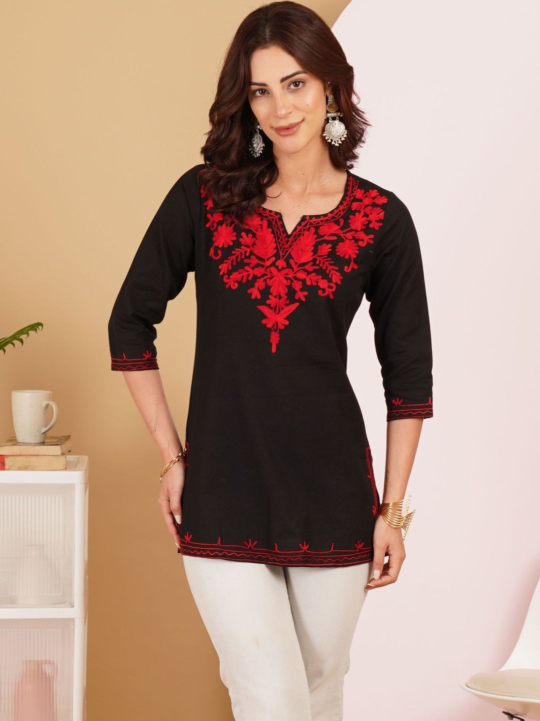 Sangria Embroidered V-Neck Thread Work Pure Cotton Blend Thread Work Kurti