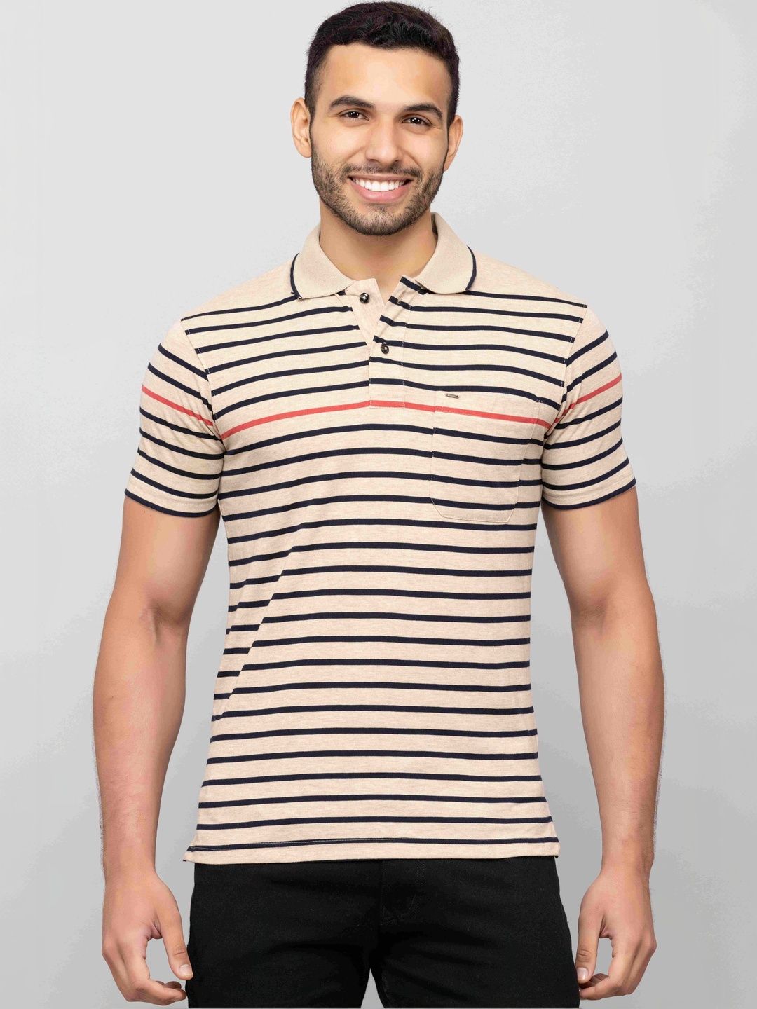 PRORIDERS Men Striped Polo Collar Pockets T-shirt