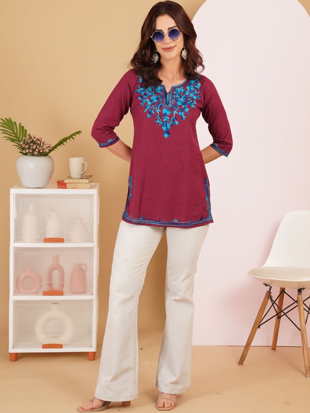 Sangria Embroidered V-Neck Thread Work Pure Cotton Blend Thread Work Kurti
