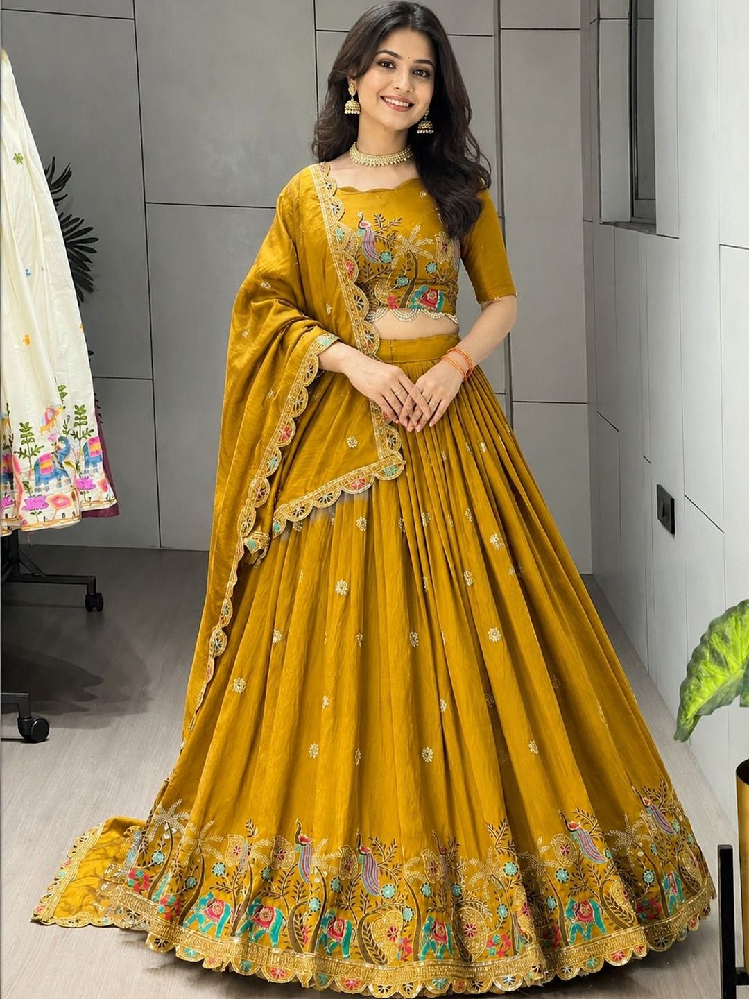 BAESD Embroidered Thread Work Semi-Stitched Lehenga & Blouse With Dupatta