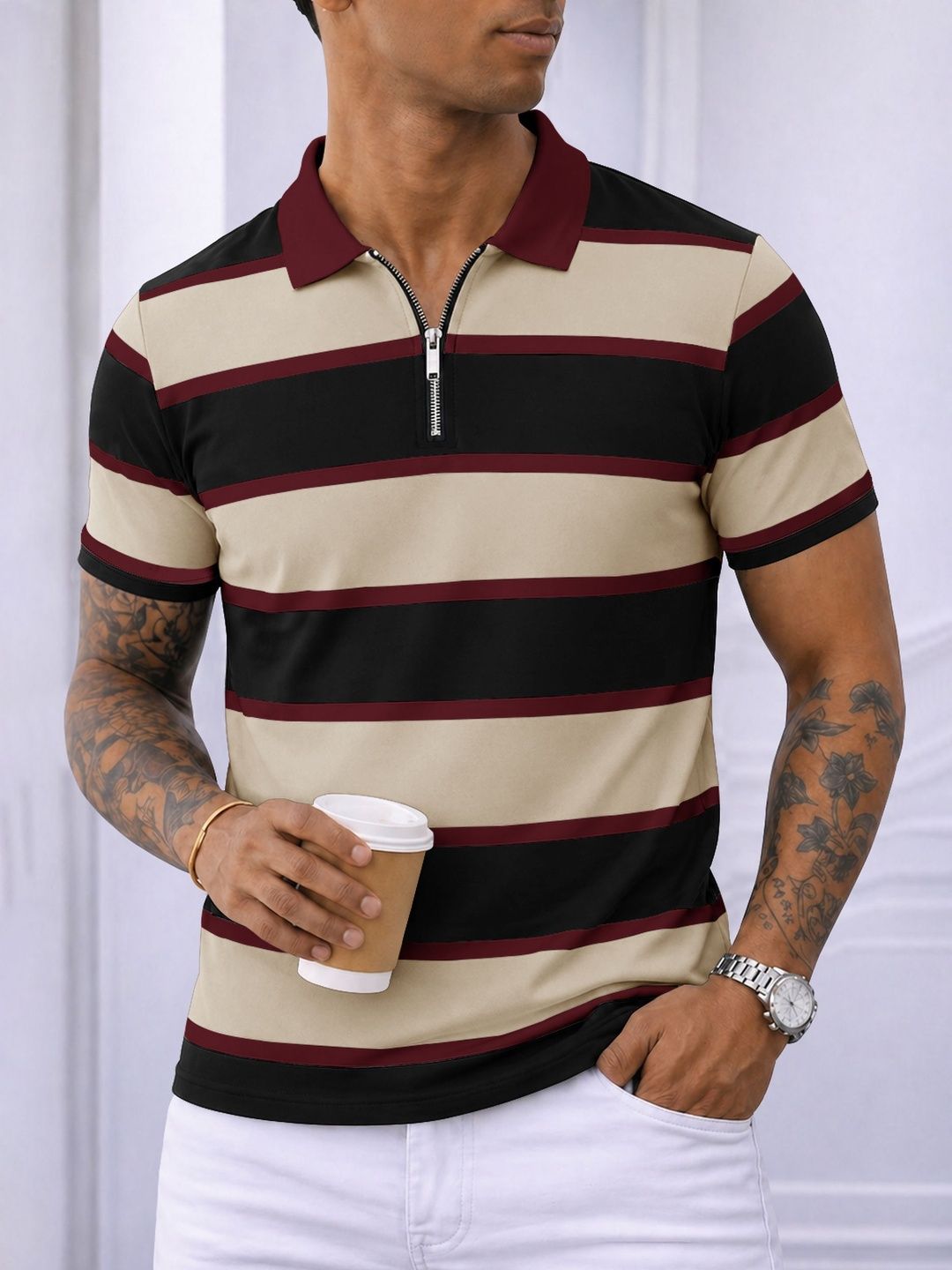 Eyebogler Men Striped Polo Collar T-shirt