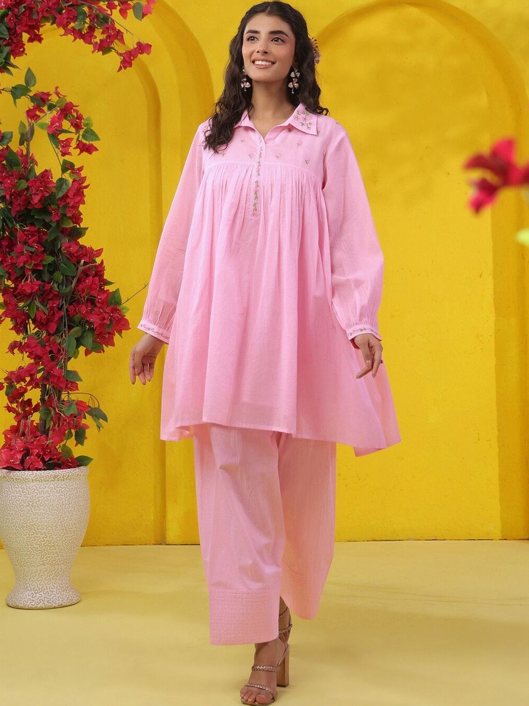 SKYLEE Romantic Florals Embroidered Tunic with Palazzos