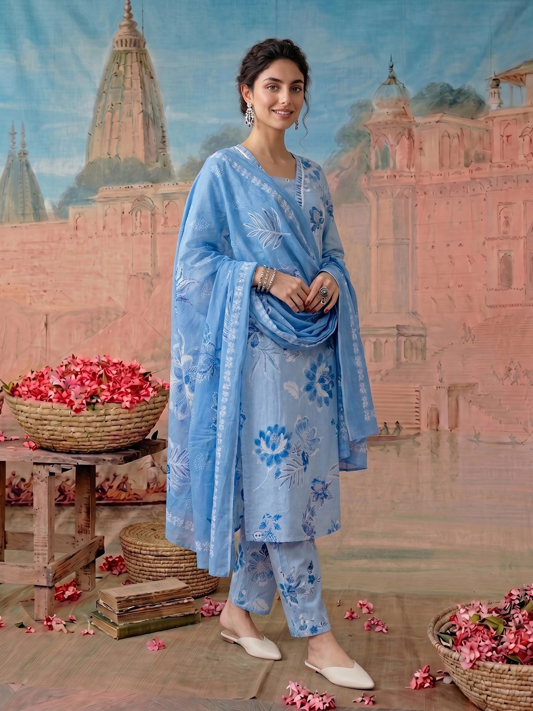 NAVYAAZRI Women Floral Printed Regular Thread Work Pure Cotton Kurta with Trousers & With Dupatta