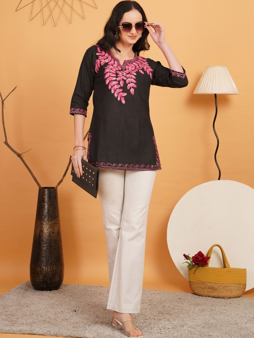 Sangria Ethnic Motifs Embroidered V-Neck Thread Work Pure Cotton Blend Thread Work Kurti