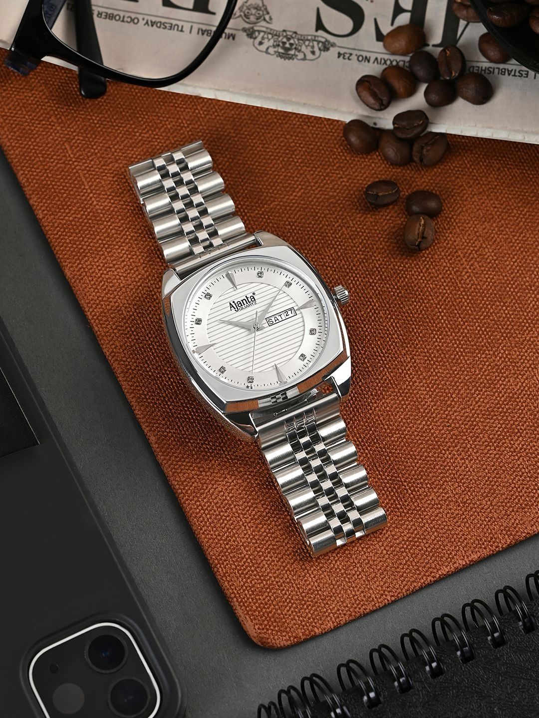 Ajanta Quartz Ajanta Quartz Men Dial & Stainless Steel Bracelet Style Straps Analogue Multi Function Watch AWC132ESG 1