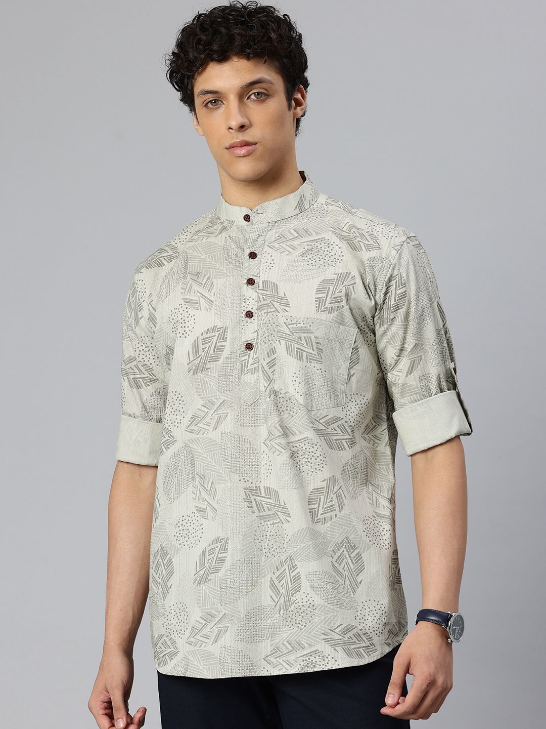 Majestic Man Leaf Printed Pure Cotton Mandarin Collar Short Kurta