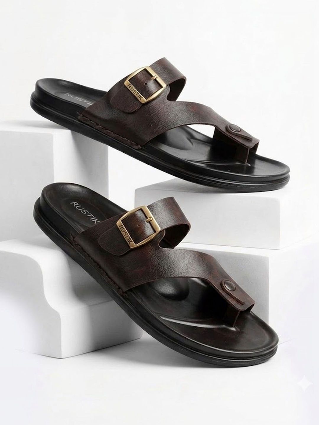 RUSTIK Men Casual Slip-On Comfort Sandals With Buckle Strap Detail