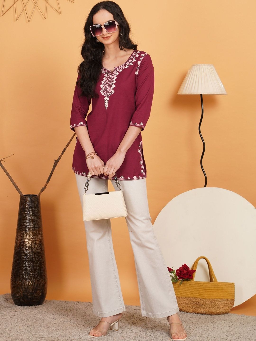 Sangria Ethnic Motifs Embroidered V-Neck Thread Work Pure Cotton Blend Thread Work Kurti