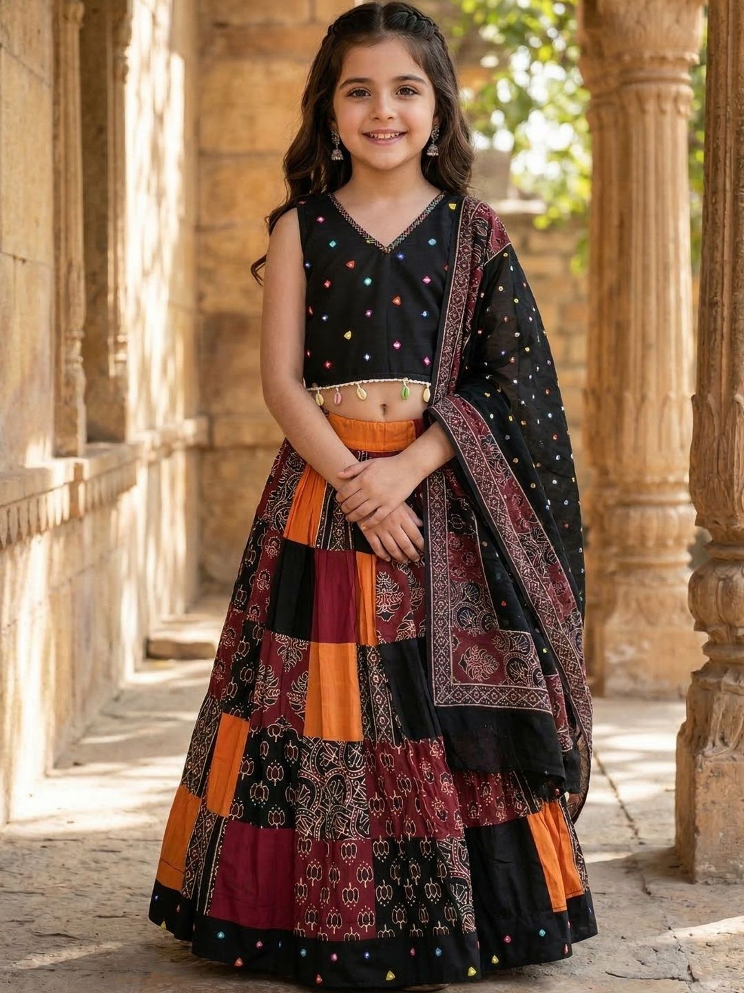 KALINI Girls Embellished Thread Work Block Print Semi-Stitched Lehenga & Blouse With Dupatta