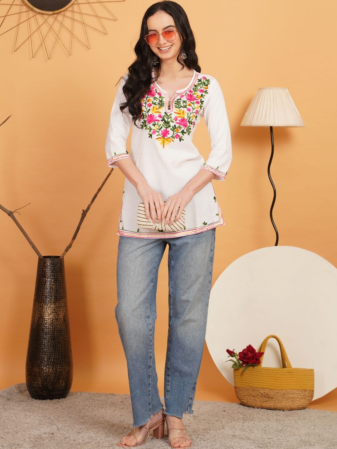 Sangria Floral Embroidered V-Neck Thread Work Pure Cotton Blend Thread Work Kurti