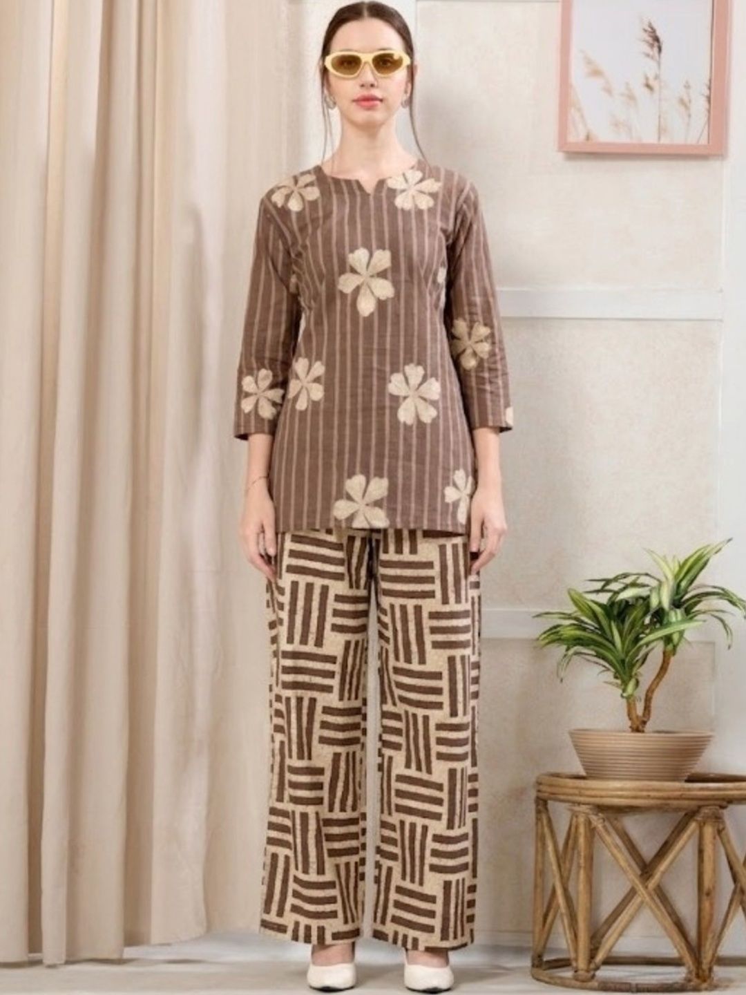NIGHT FLOSS Floral Cotton Printed Tunic with Palazzos