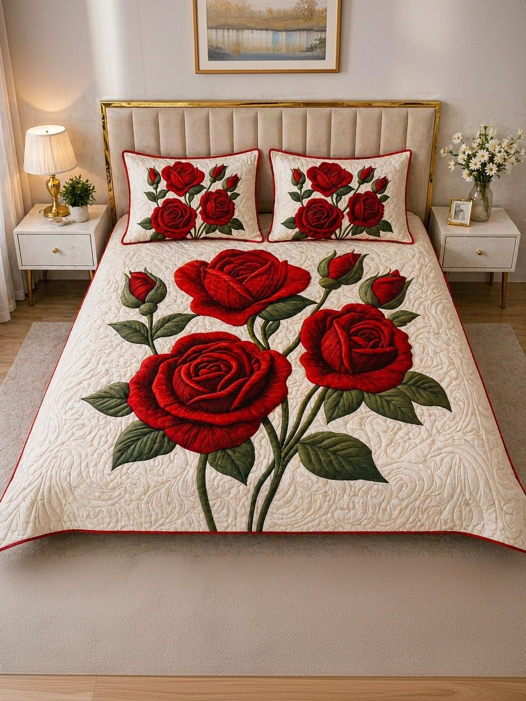 Myntra Elegant Homes Myntra Elegant Homes Cream-Coloured Floral 220 TC Queen Bedsheet with 2 Pillow Covers