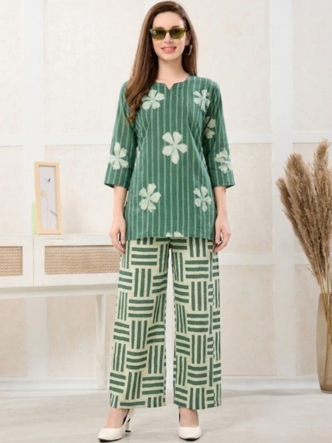 NIGHT FLOSS Cotton Printed Tunic with Palazzos